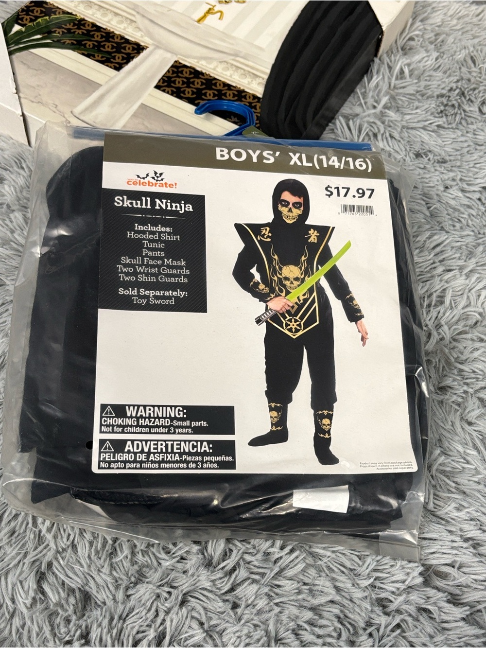 NWT Way to Celebrate! Boys' Skull Ninja Costume - Black & Gold (XL 14/16) 6 pc
